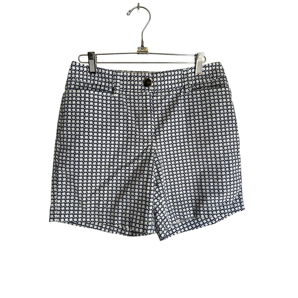 Lands End Womens Chino Shorts Size 2 Fit 2 Navy White Geometric Clover Stretch